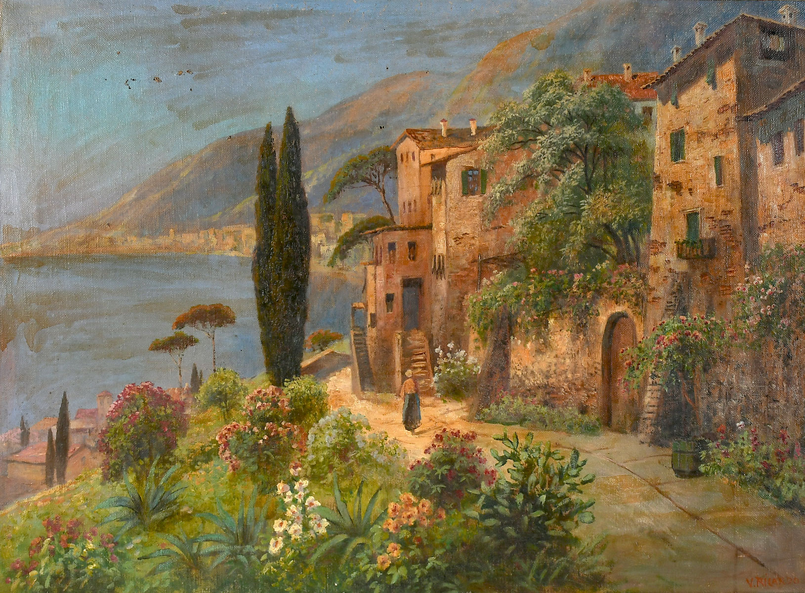 Appraisal: ITALIAN COASTAL VILLAGE PAINTING SIGNED V RICARDO Oil Canvas ''