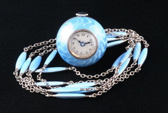 Appraisal: STERLING SILVER AND BLUE GUILLOCHE ENAMEL PENDANT WATCH Round case