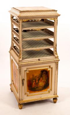 Appraisal: A painted music cabinet the onyx top above four shelves