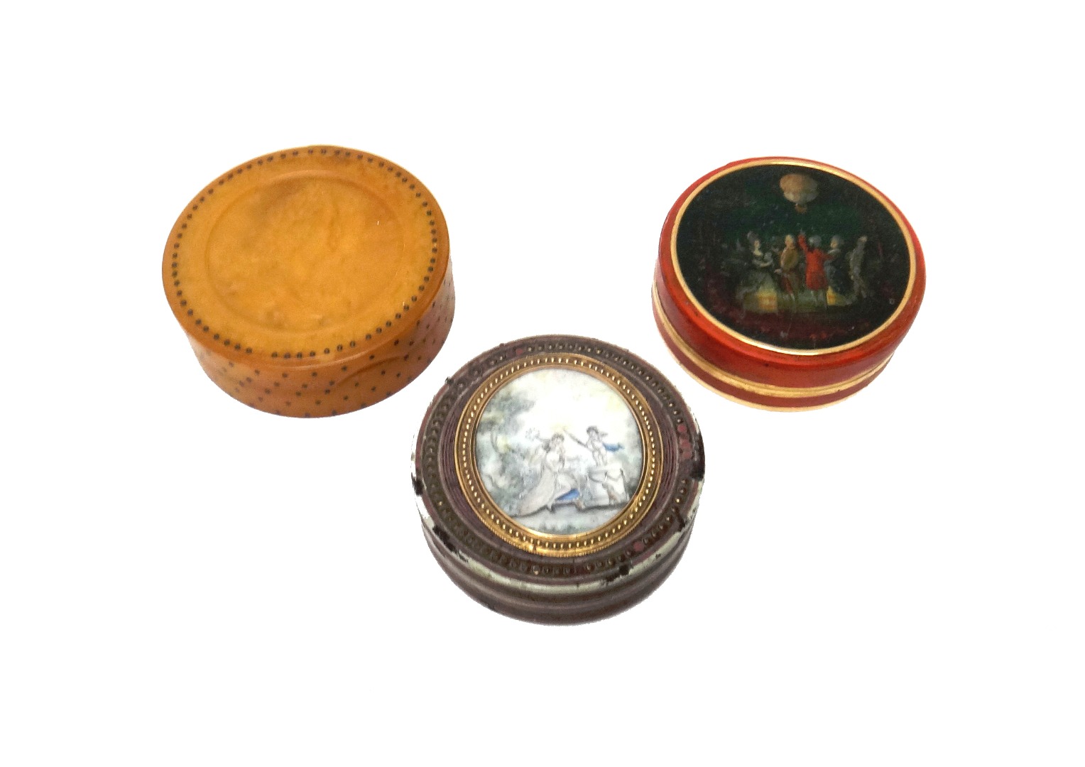 Appraisal: A circular pale orange steam pressed composition box and cover