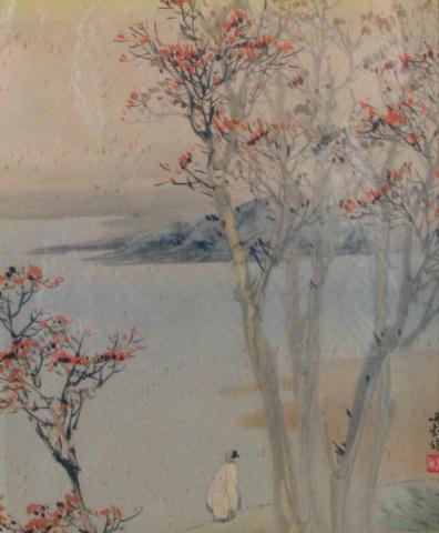 Appraisal: Vintage Framed Japanese Watercolor cherry blossoms and figure at water's