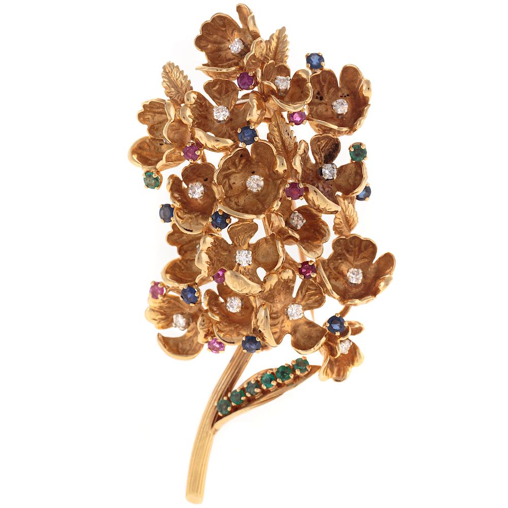 Appraisal: A Diamond Sapphire Ruby Emerald Floral Pin K yellow gold