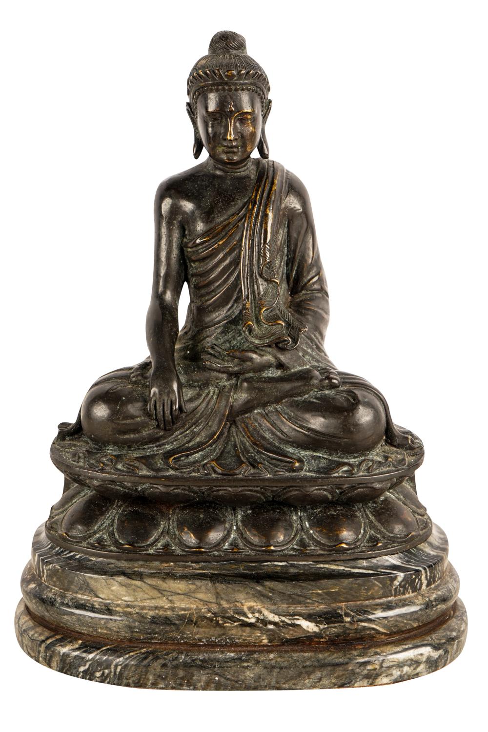 Appraisal: BRONZE BUDDHAfixed atop marble base The Buddha inches wide inches