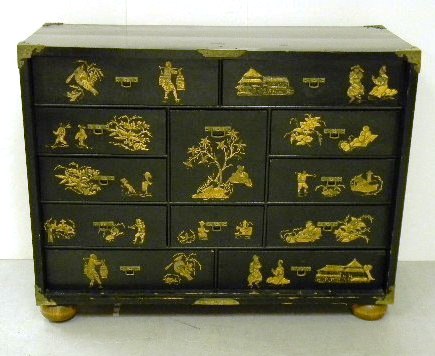 Appraisal: Chinoiserie decorated cabinet black lacquer and gilt with brass mounts