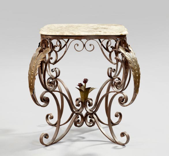 Appraisal: Rococo-Style Wrought-Iron and Marble-Top Center Table the serpentine square top