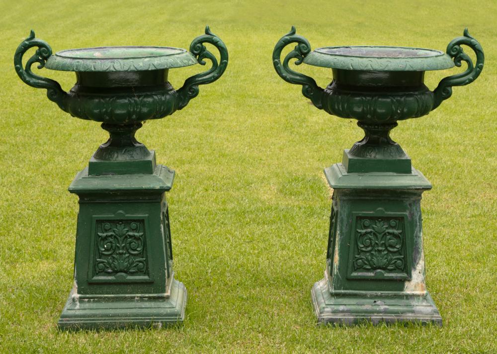 Appraisal: Pair of Painted Metal Campagna Urns acanthine handles egg and