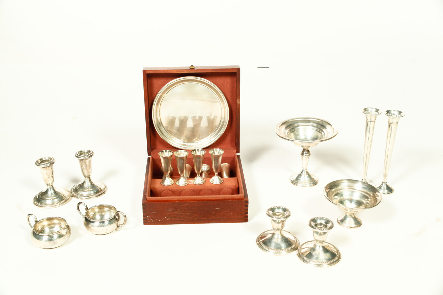 Appraisal: BOXED STERLING CORDIAL SET AND WEIGHTED STERLING PIECES American mid