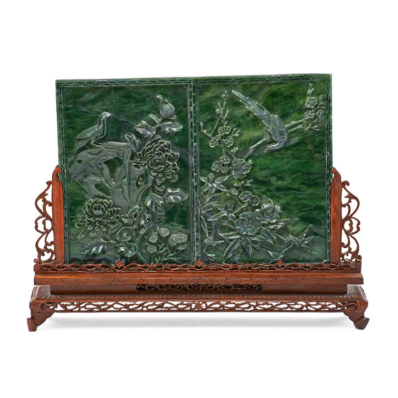 Appraisal: PAIR OF CHINESE SPINACH JADE TABLE SCREENS Condition Report