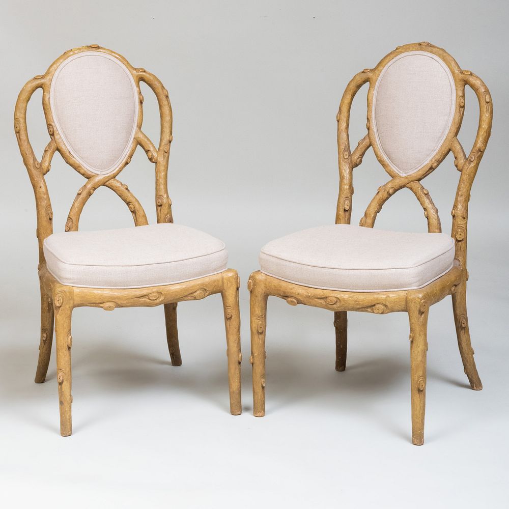 Appraisal: Pair of Rustic Painted Faux Side Chairs Upholstered in linen