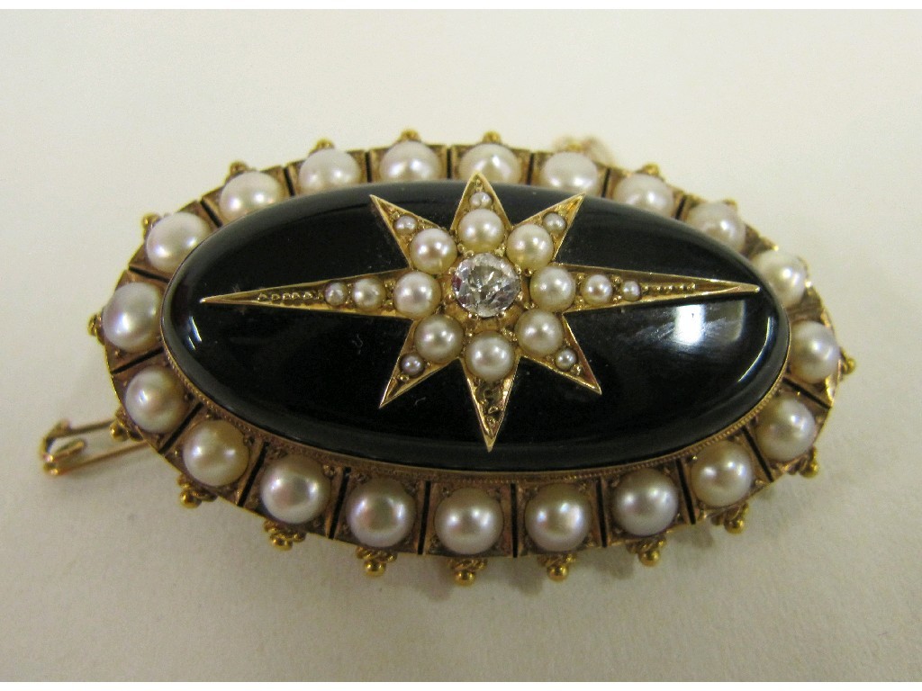 Appraisal: Victorian unmarked gold onyx pearl and diamond remembrance brooch with