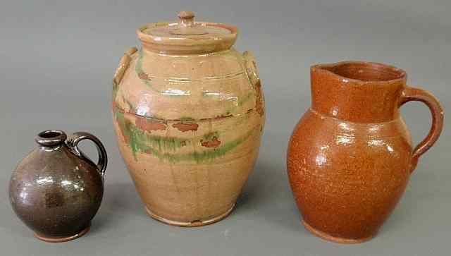 Appraisal: Large redware green mottled jar th c with applied handles