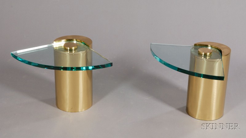 Appraisal: Two Sculptural End Tables Brass and glass Wedge shaped glass