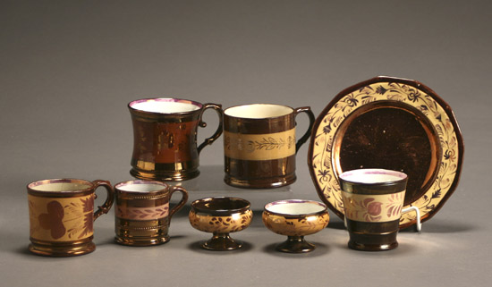 Appraisal: Group of Eight Copper and Pink Lustre Decorated Table Articles