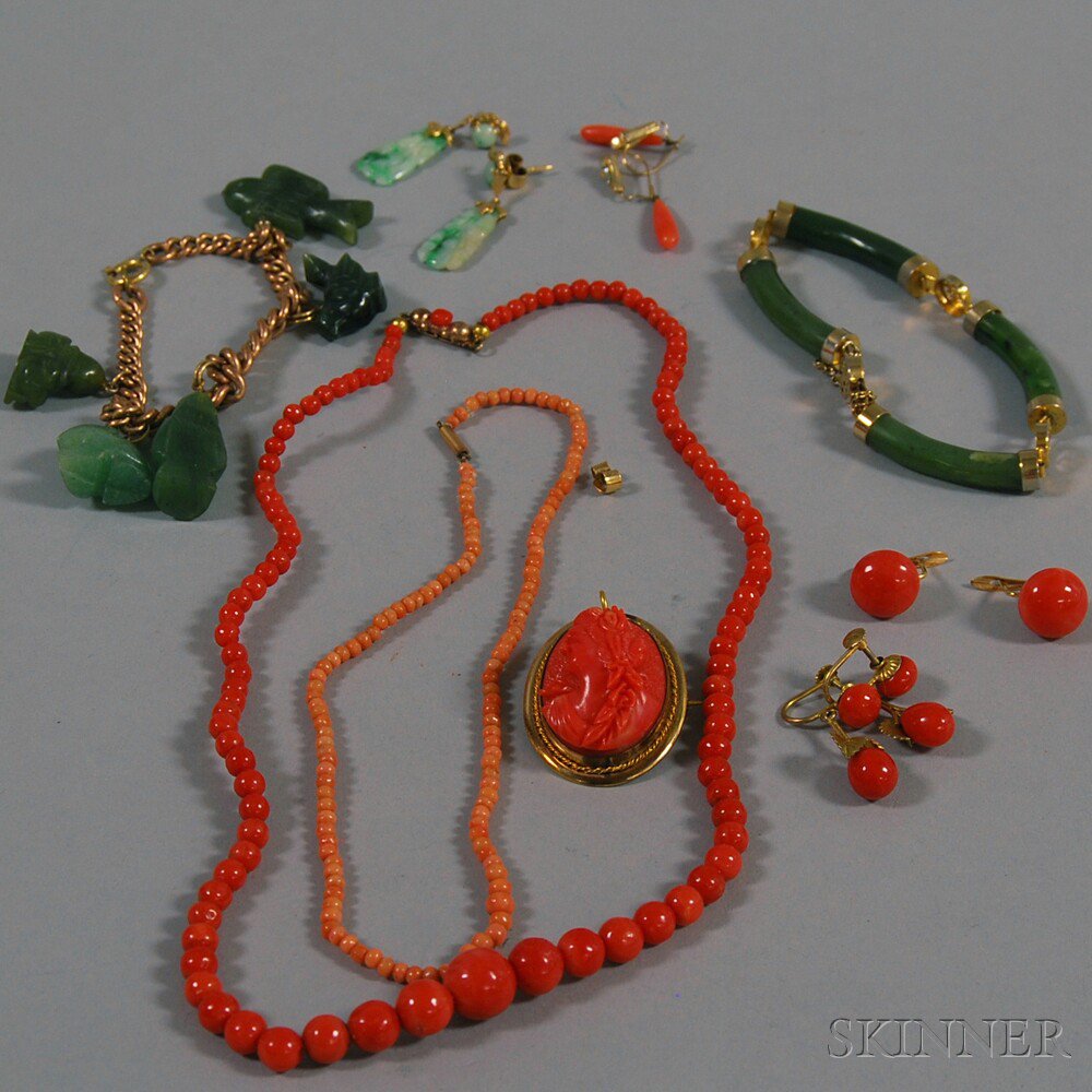 Appraisal: Small Group of Coral and Jade Jewelry two coral bead