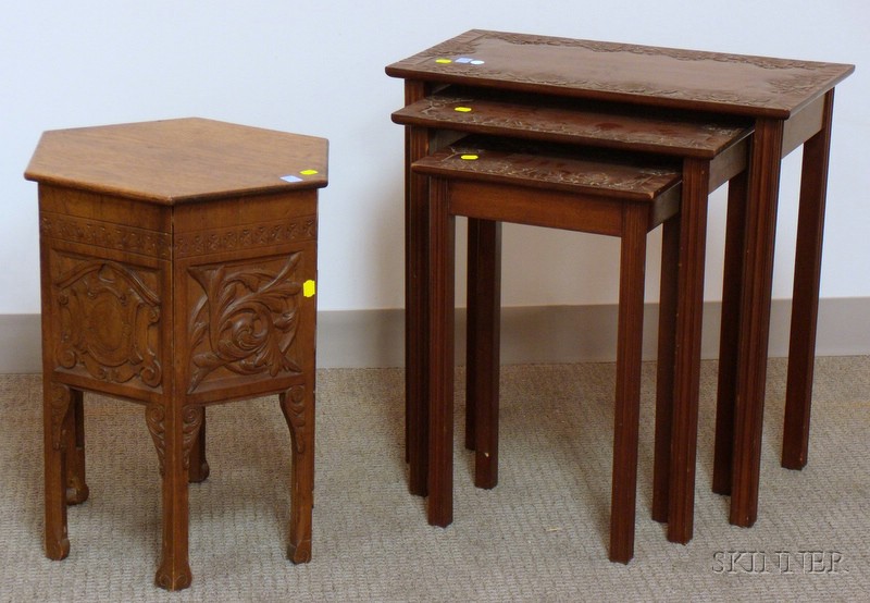 Appraisal: Three Asian Carved Mahogany Nesting Stands and a Renaissance-style Octagonal