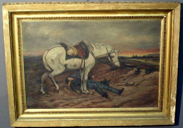 Appraisal: Oil on canvas painting of fallen bugler with horse signed