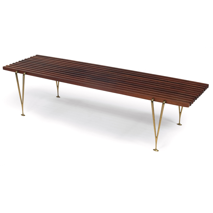 Appraisal: Hugh Acton coffee table bench slatted walnut top over brass