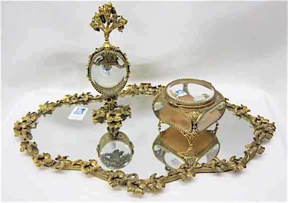 Appraisal: GILT METAL DRESSER MIRROR PERFUME SET PLUS JEWELRY BOX pieces