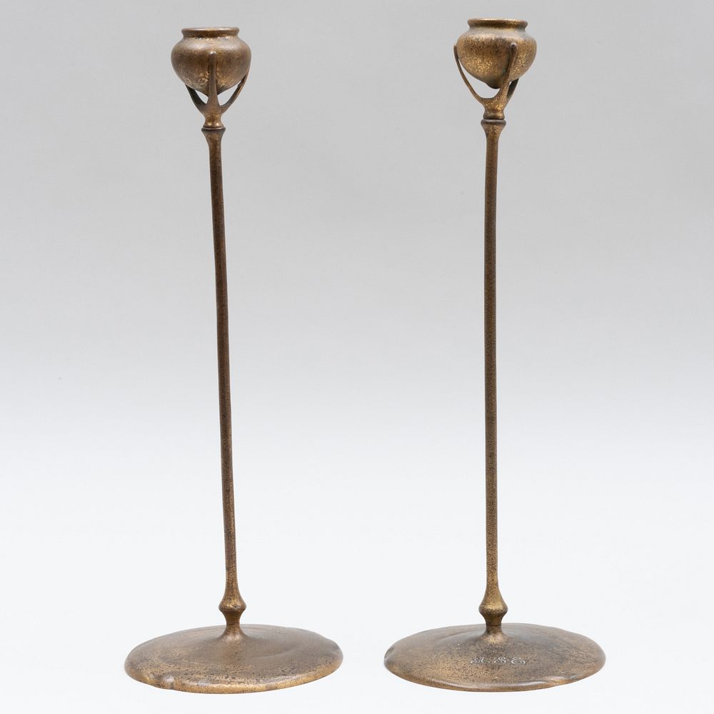 Appraisal: Pair of Tiffany Studios Bronze Candlesticks Stamped mark and '