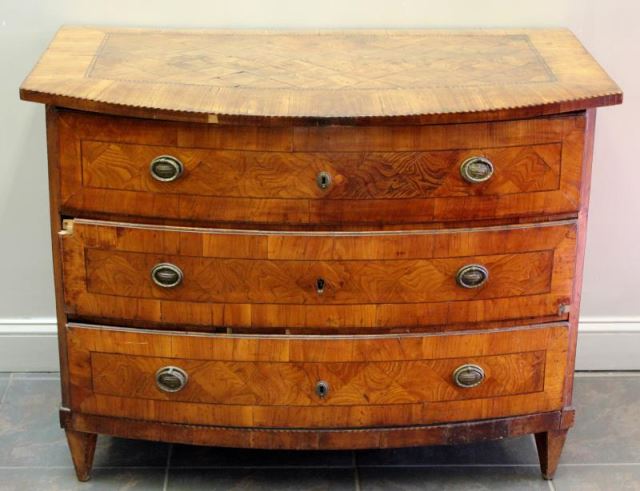 Appraisal: Antique Continental Bowfront Commode Banded and geometric veneers with checker