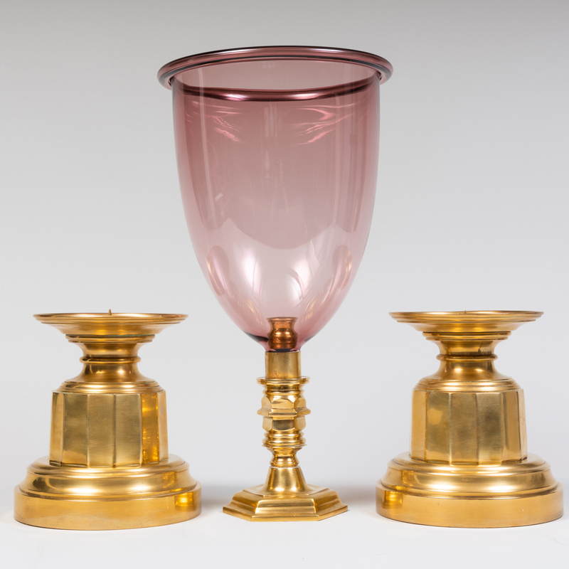 Appraisal: Pair of Brass Candle Holders and an Amethyst Glass Photophore