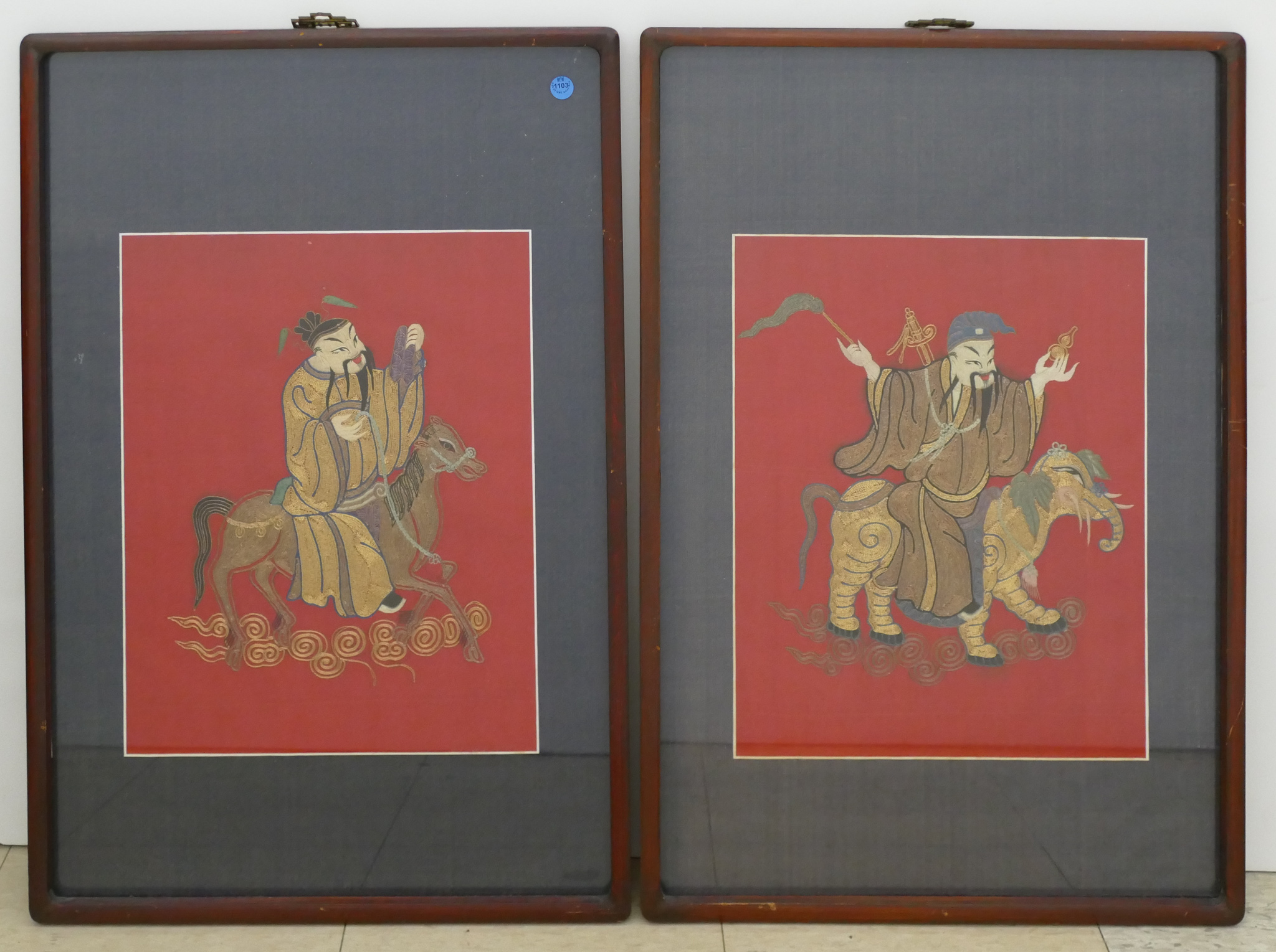 Appraisal: Pair Chinese Gold Thread Deity Embroideries Framed ''x '' -