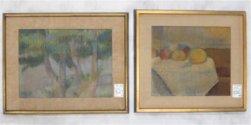 Appraisal: TWO OILS ON BOARD landscape with trees and a fruit