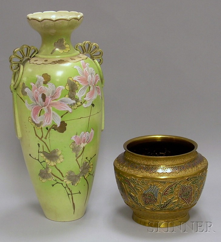 Appraisal: Asian Floral Enameled Gilt-brass Vase and a Floral Hand-painted Pottery