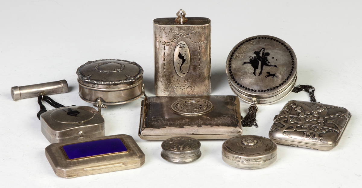 Appraisal: Various Silver Boxes Calling Card Cases Dresser Objects Peru presentation