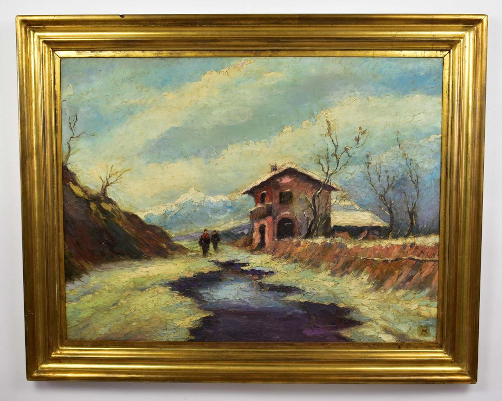 Appraisal: EUROPEAN LATIN SCHOOL TH CENTURY Winter Landscape with Farmhouse Monogrammed