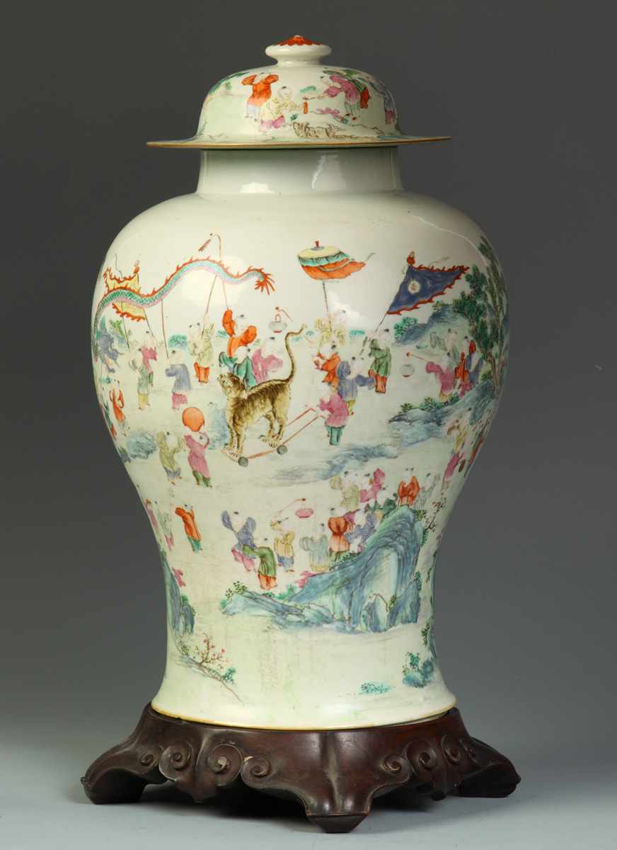 Appraisal: Large Hand Painted Oriental Covered Jar Hairline crack in base