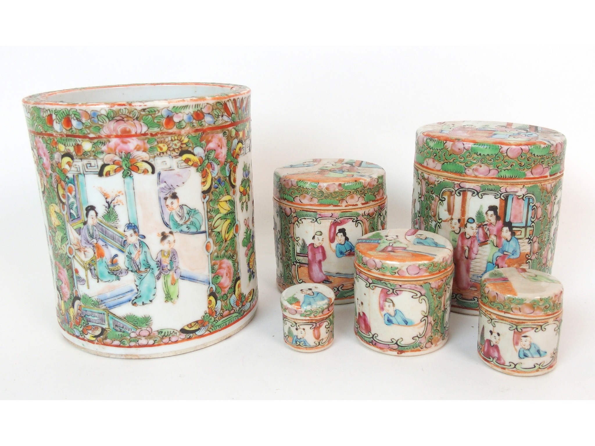 Appraisal: A Cantonese famille rose cylindrical vasepainted with panels of figures