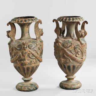 Appraisal: Pair of Empire-style Bronze Floor Urns th th century each