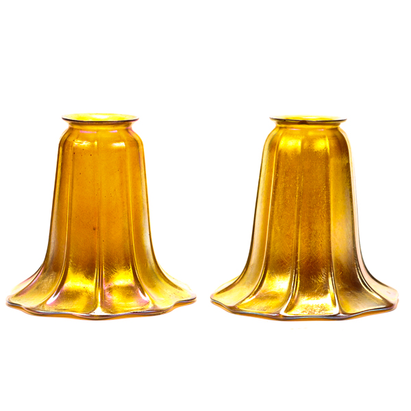 Appraisal: Pair of Quezal attributed art glass iridescent trumpet lamp shades