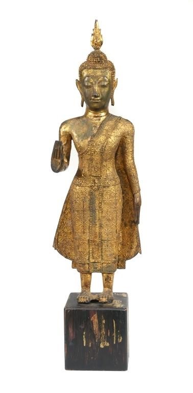 Appraisal: Old gilded bronze Buddha figure on wood base standing in