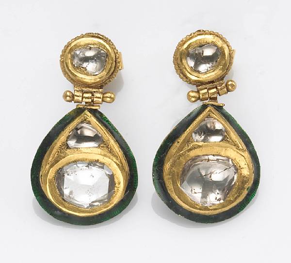 Appraisal: A pair of diamond enamel and k gold Moghul-style earrings