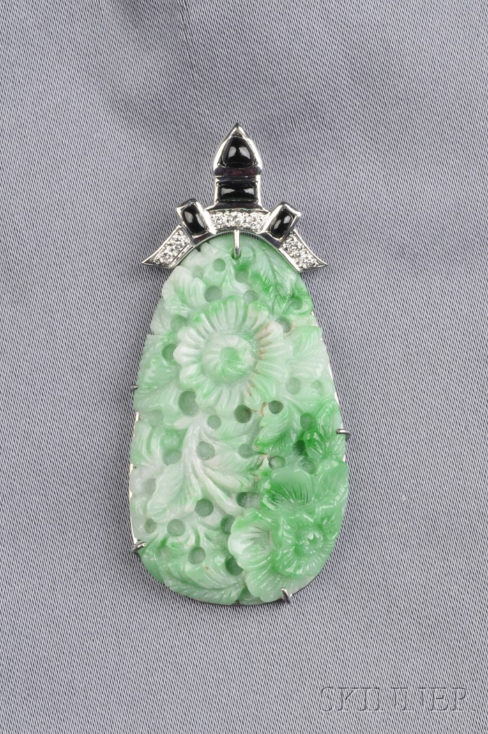 Appraisal: kt White Gold Carved Jade Black Onyx and Diamond Pendant