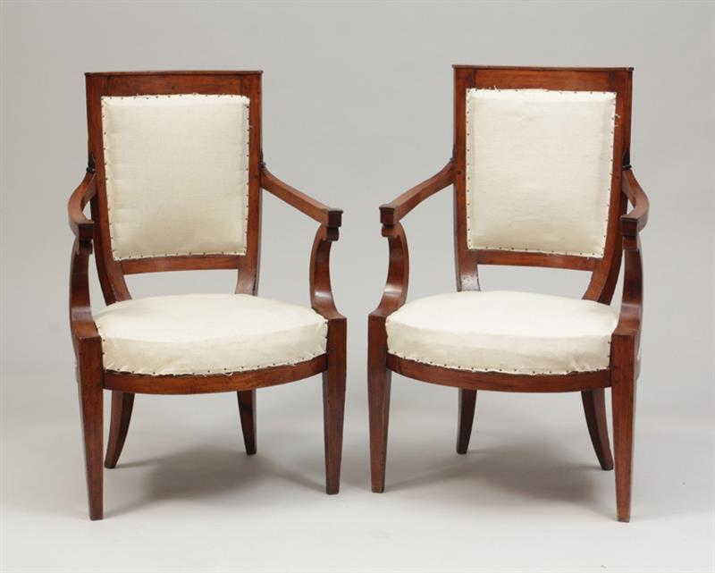 Appraisal: Pair of Directoire Provincial Fruitwood Fauteuils en Cabriolet Upholstered in