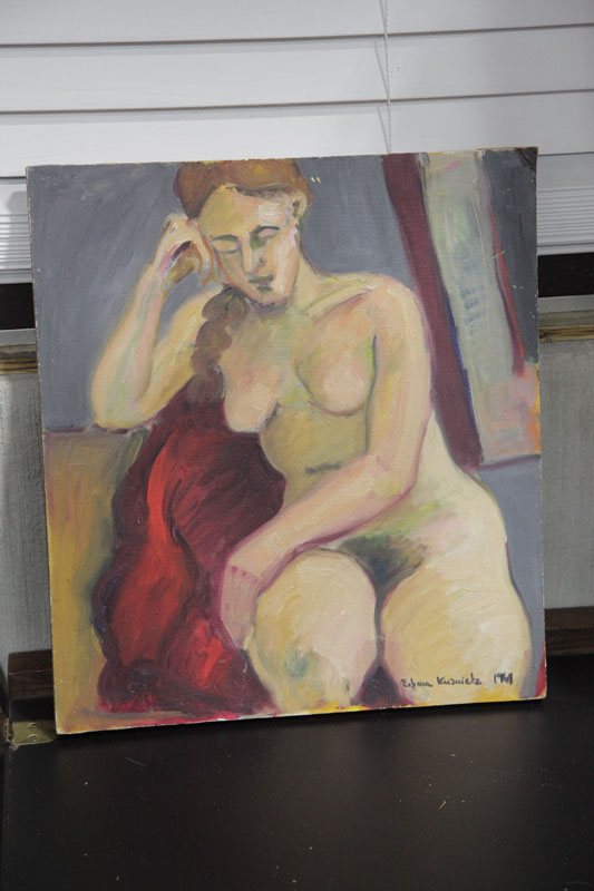 Appraisal: PAINTING NUDE STUDY Depicting a contemplative woman rendered in an