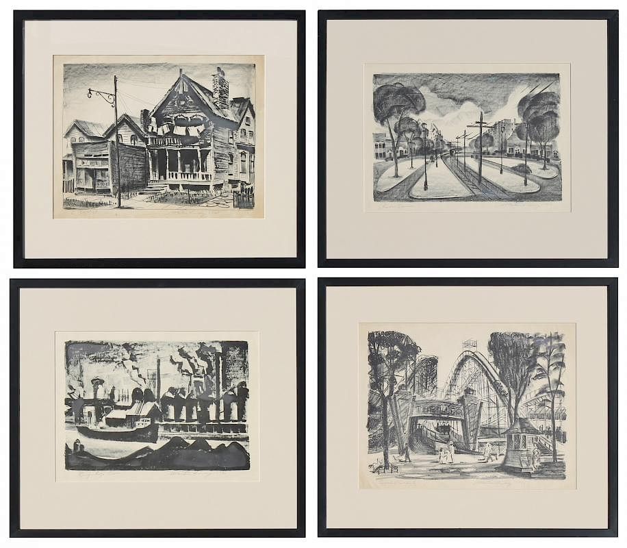 Appraisal: Martin Louis Linsey American Four lithographs of Cleveland sites Each