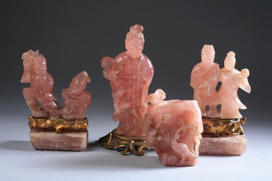 Appraisal: FOUR CHINESE ROSE QUARTZ CARVINGS Figure of meiren standing on