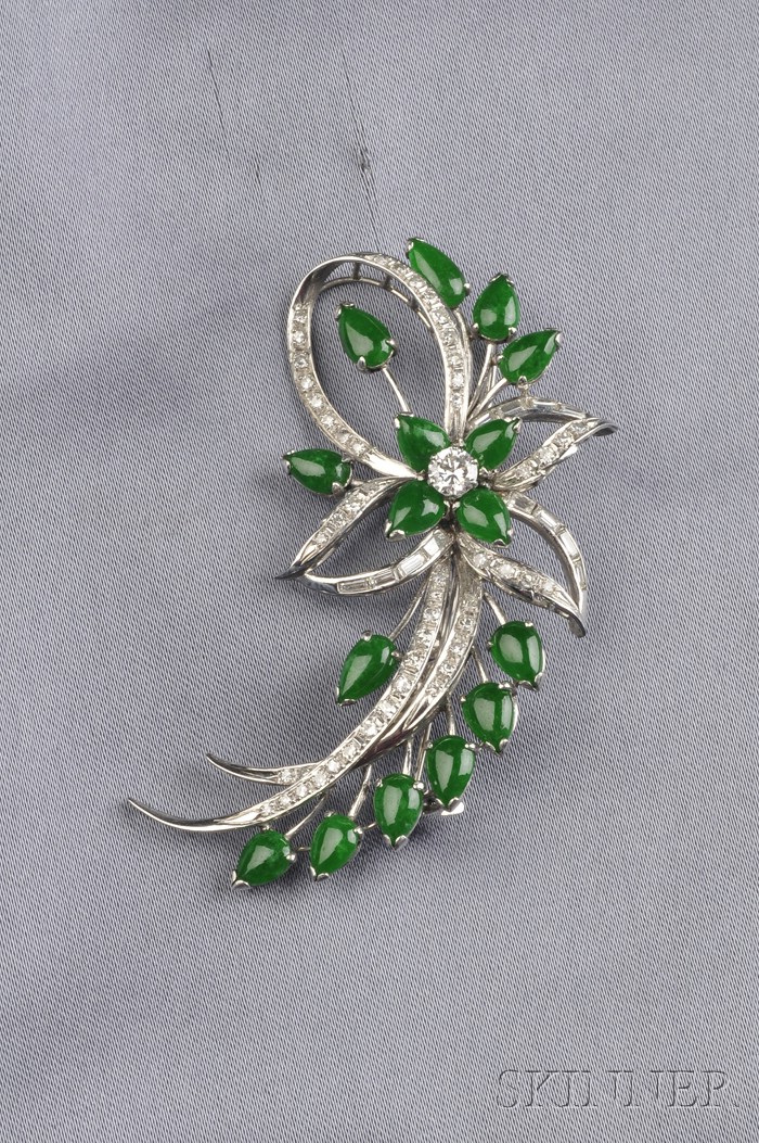 Appraisal: Platinum Jadeite and Diamond Brooch prong-set with sixteen cabochon pear-shaped