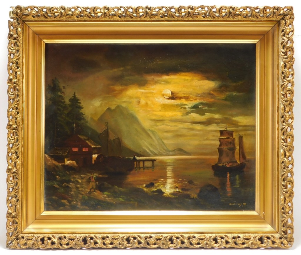 Appraisal: HUDSON VALLEY MOONLIT LANDSCAPE PAINTING United States Depicts a small