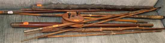 Appraisal: Assorted early fishing poles and a reel Estimate -