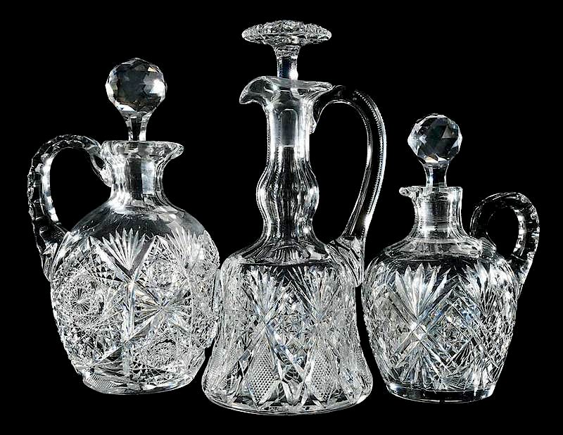 Appraisal: Three Hawkes Cut Glass Decanters all with handles one bell-shaped