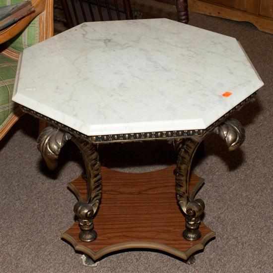 Appraisal: Regency style mahogany gilt-metal marble top side table Estimate -