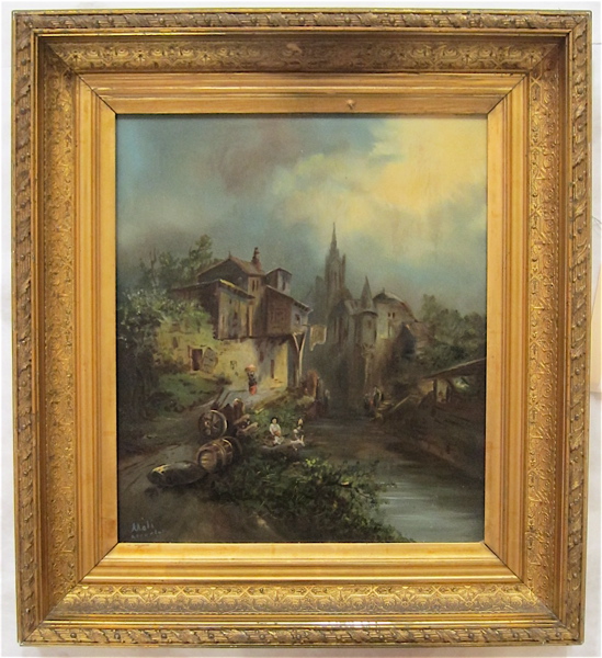 Appraisal: GERMAN SCHOOL OIL ON CANVAS a village scene with figures