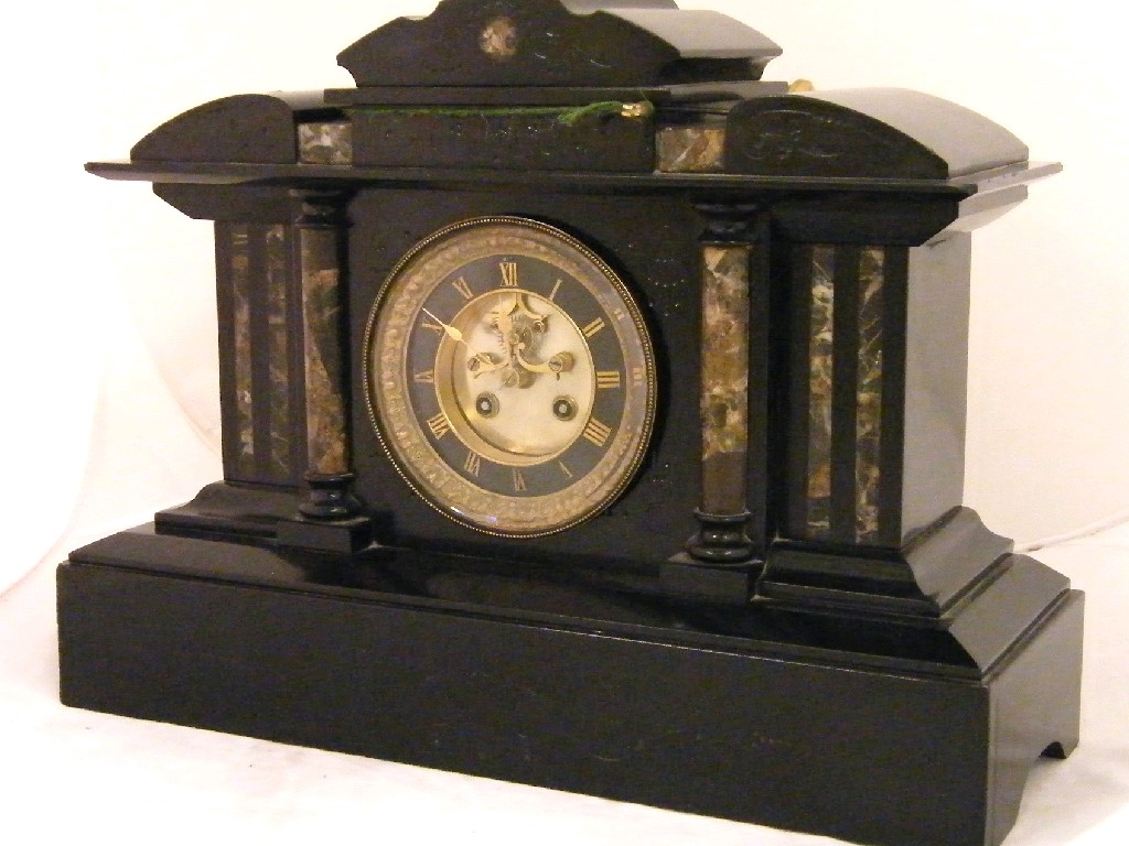 Appraisal: Black slate and grey marble two train mantel clock the