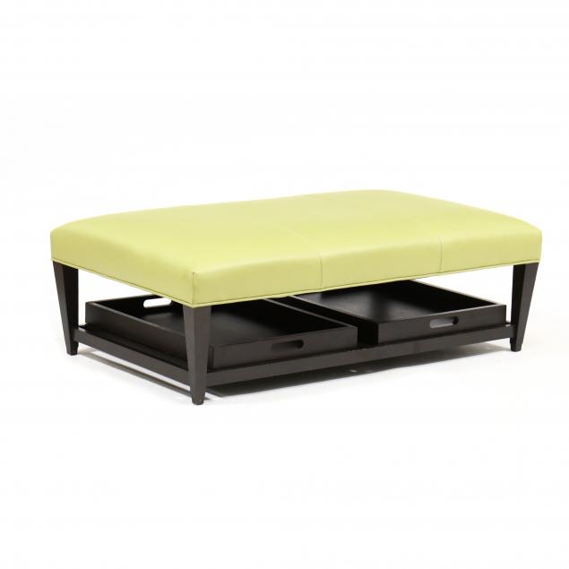 Appraisal: CONTEMPORARY LEATHER STORAGE OTTOMAN Apple green stitched leather rectangular seat