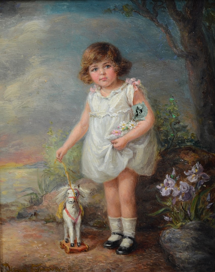 Appraisal: Diana Coomans Belgian - oil on board Girl with Toy